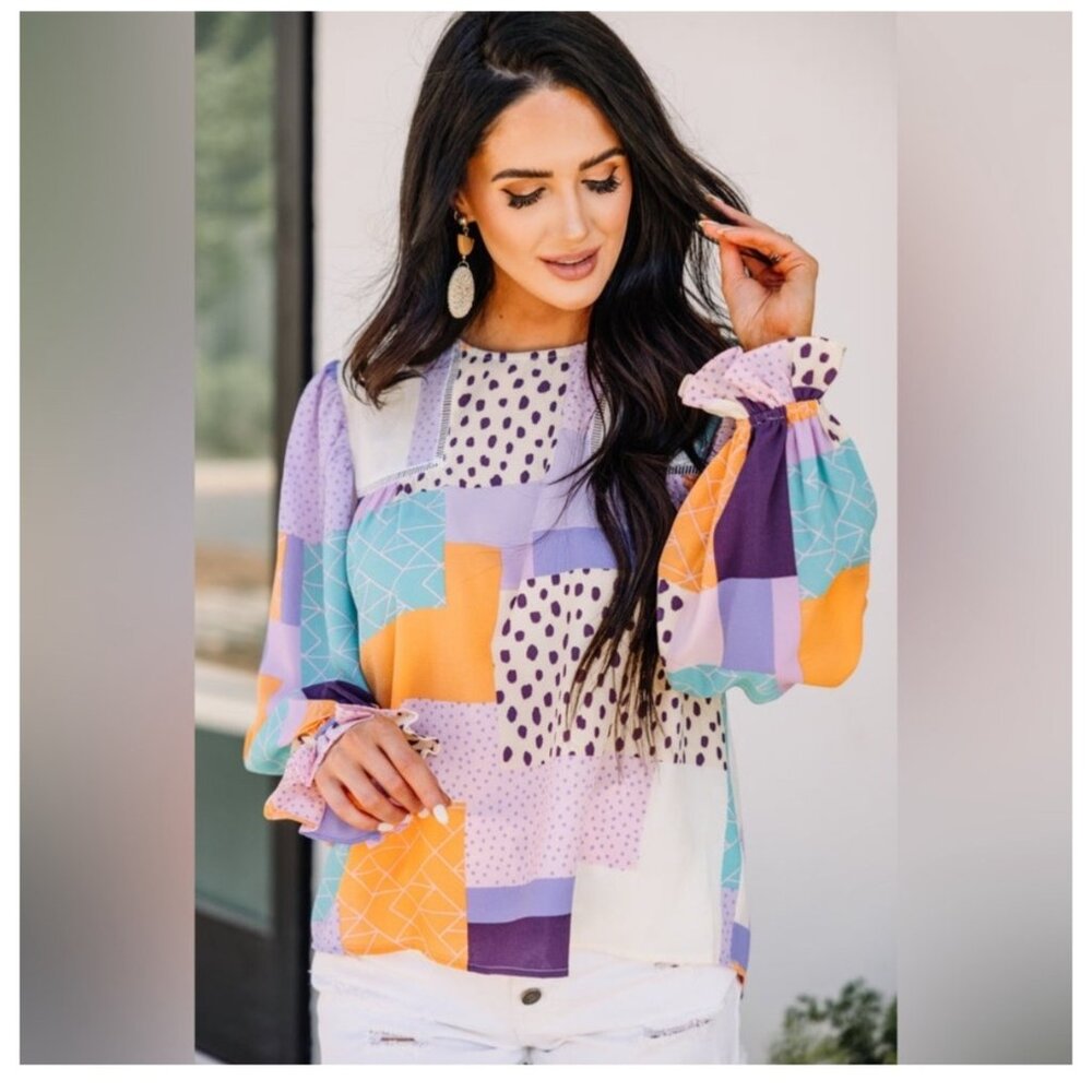 Fate Multicolor Abstract Patchwork Long Puff Slee… - image 1